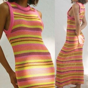 ZARA Pink Bright Neon Striped Cotton Crochet Knit Maxi Dress M